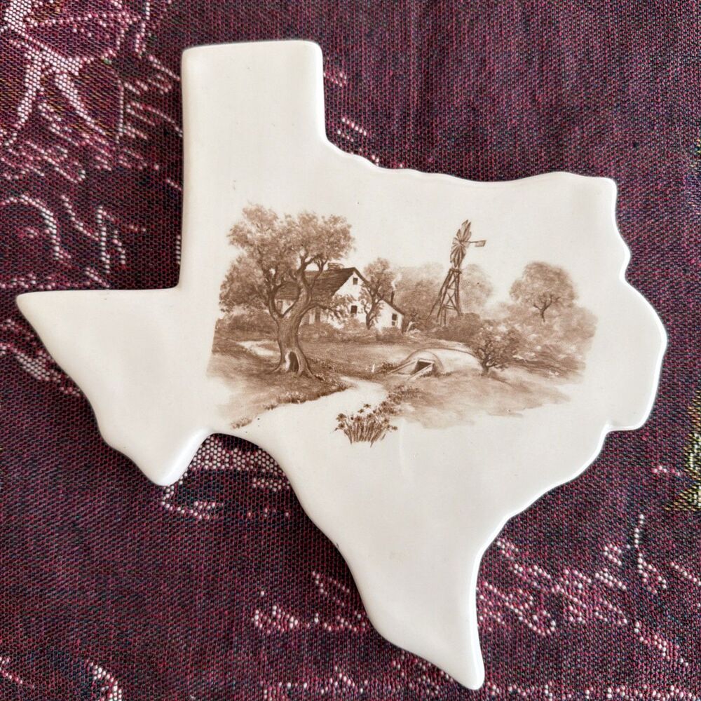 Vintage Texas Country House Windmill Ceramic Texas Shaped Tile Wall Art Plaque